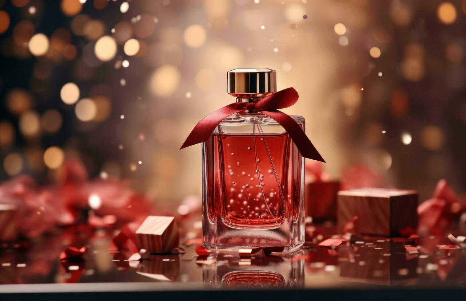 ai gegenereerd een elegant parfum fles Aan top van Kerstmis cadeaus foto