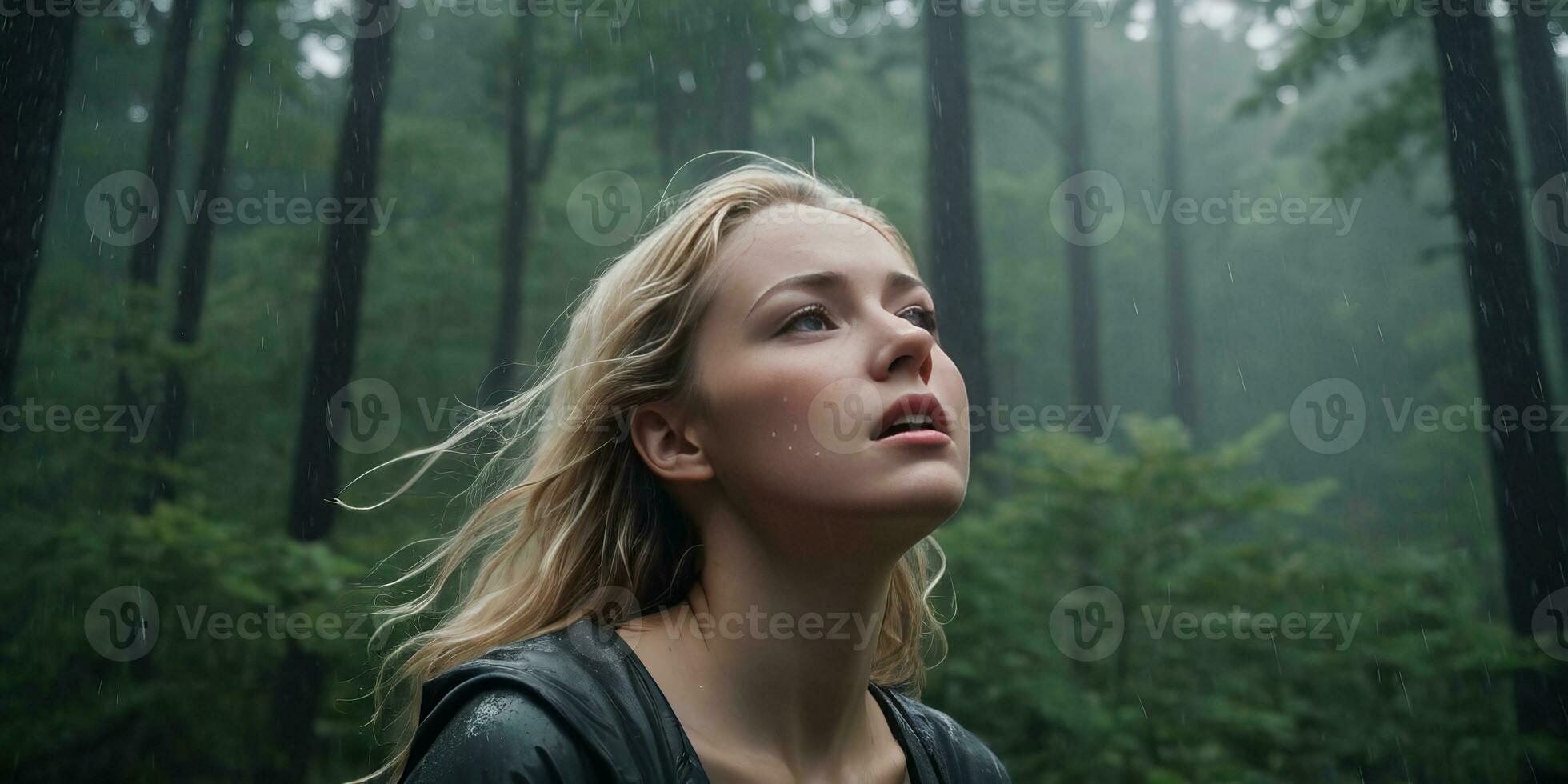 ai gegenereerd een vrouw huilen in de regen terwijl op zoek omhoog Bij de lucht terwijl in de midden- van de Woud foto