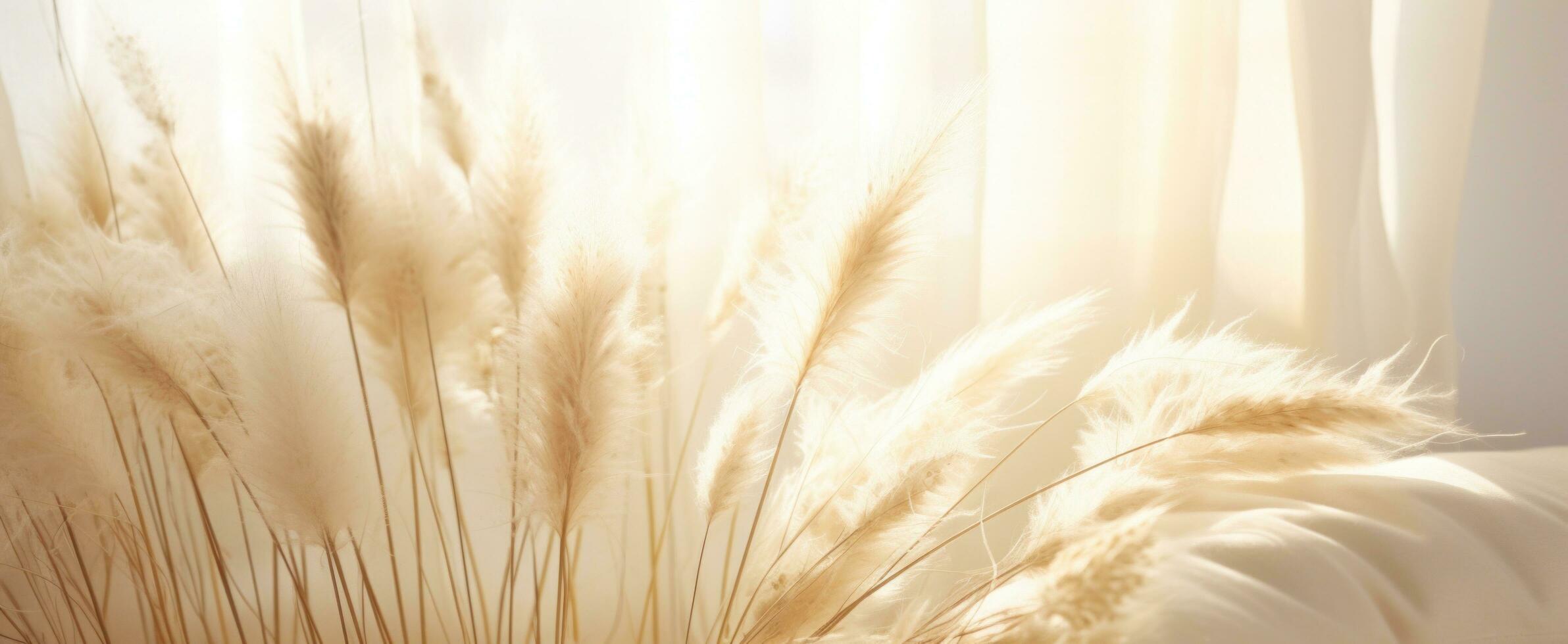 ai gegenereerd wit, droog gras met gouden zonlicht streaming door een Open venster foto