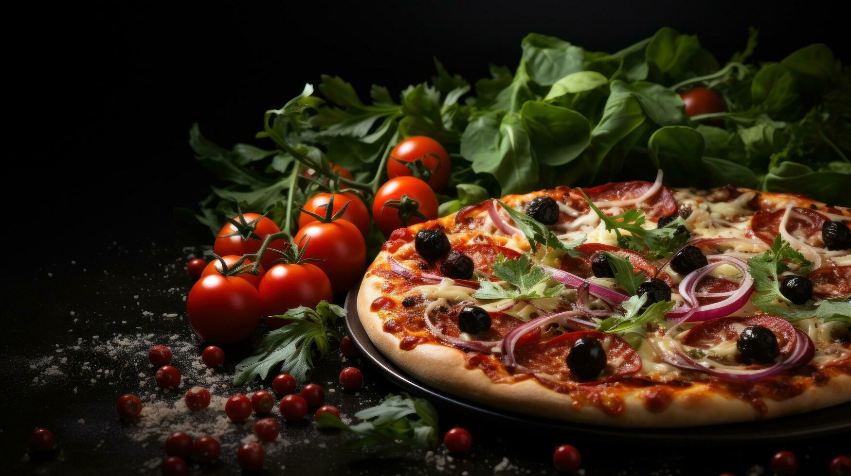 ai gegenereerd peperinu pizza Aan zwart achtergrond met kopiëren ruimte foto