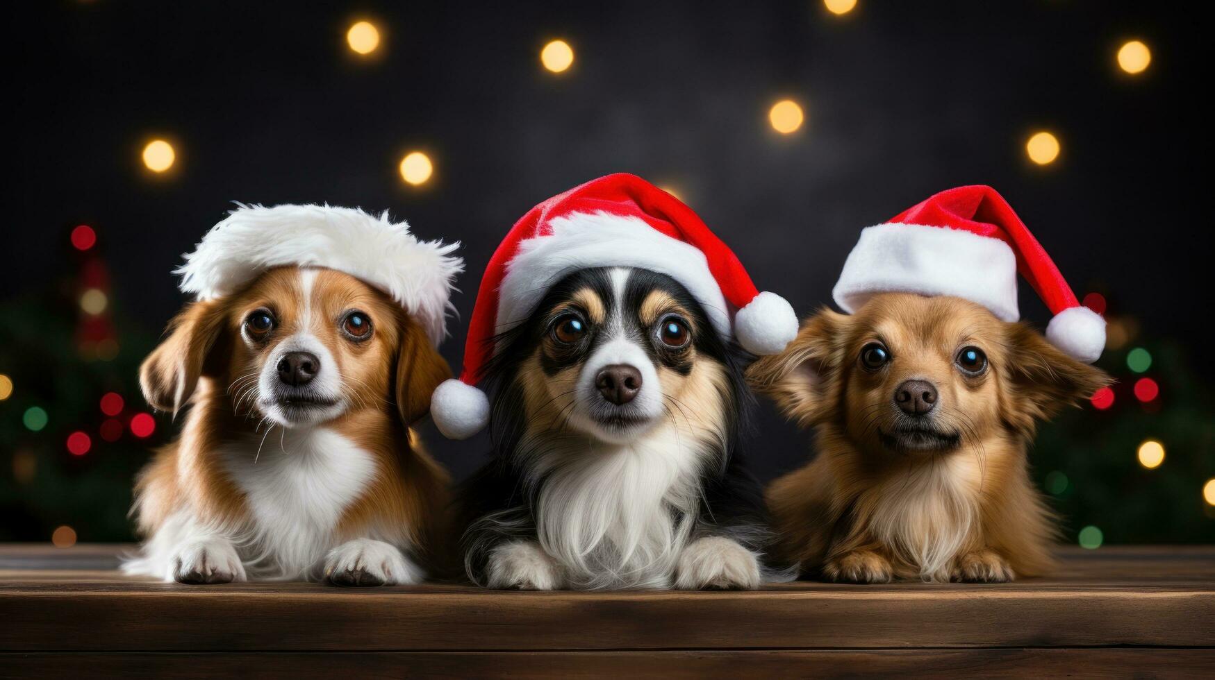 ai gegenereerd honden in santas hoed Aan levendig achtergrond foto