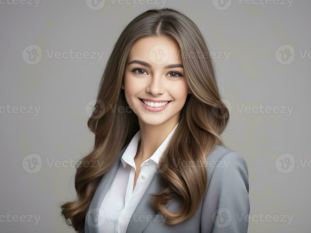 ai gegenereerd mooi jong bedrijf vrouw portret, vrouw gezicht glimlachen schattig meisje met lang haar- studio schot, geïsoleerd Aan grijs achtergrond foto