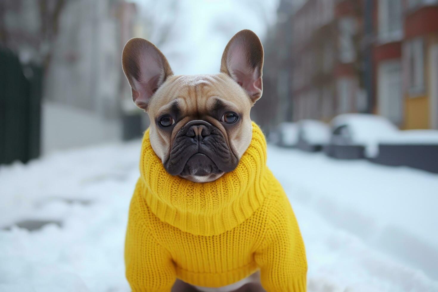 ai gegenereerd een Frans bulldog vervelend geel trui Aan besneeuwd weg foto