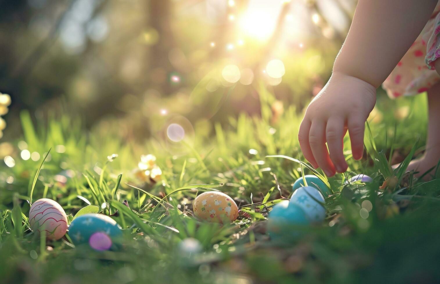 ai gegenereerd een weinig meisje is plukken omhoog Pasen eieren in een met gras begroeid Oppervlakte foto