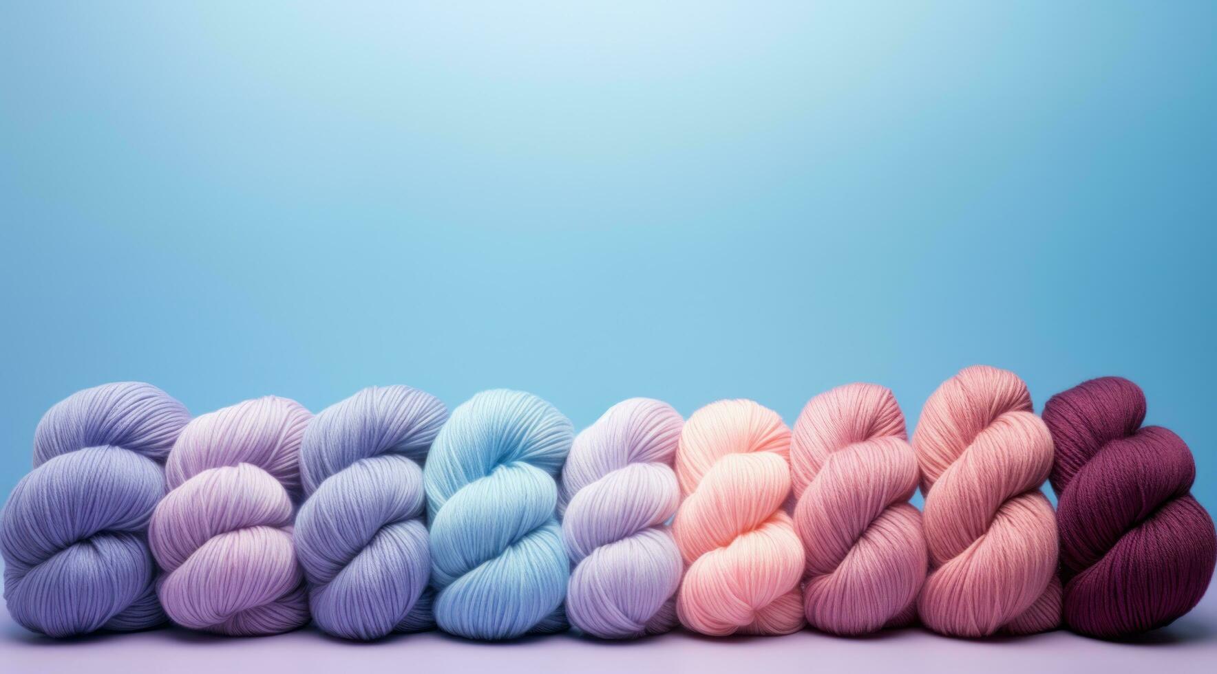 ai gegenereerd een groep van garens in divers kleuren over- een roze achtergrond foto