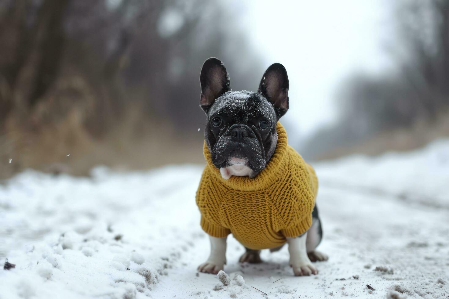 ai gegenereerd een Frans bulldog vervelend geel trui Aan besneeuwd weg foto