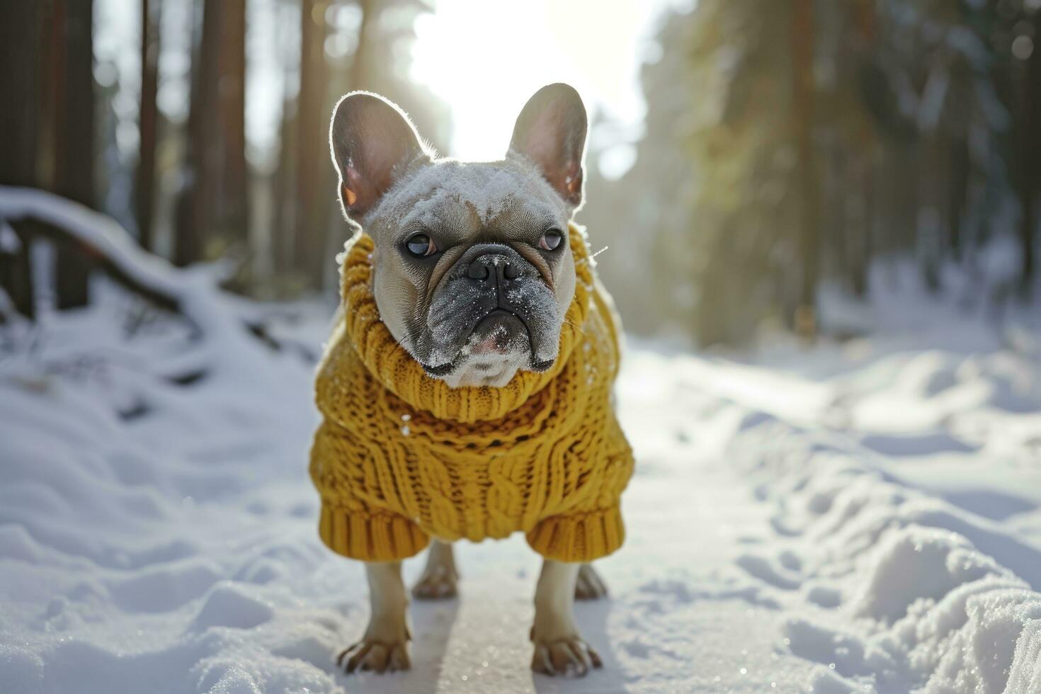 ai gegenereerd een Frans bulldog vervelend geel trui Aan besneeuwd weg foto