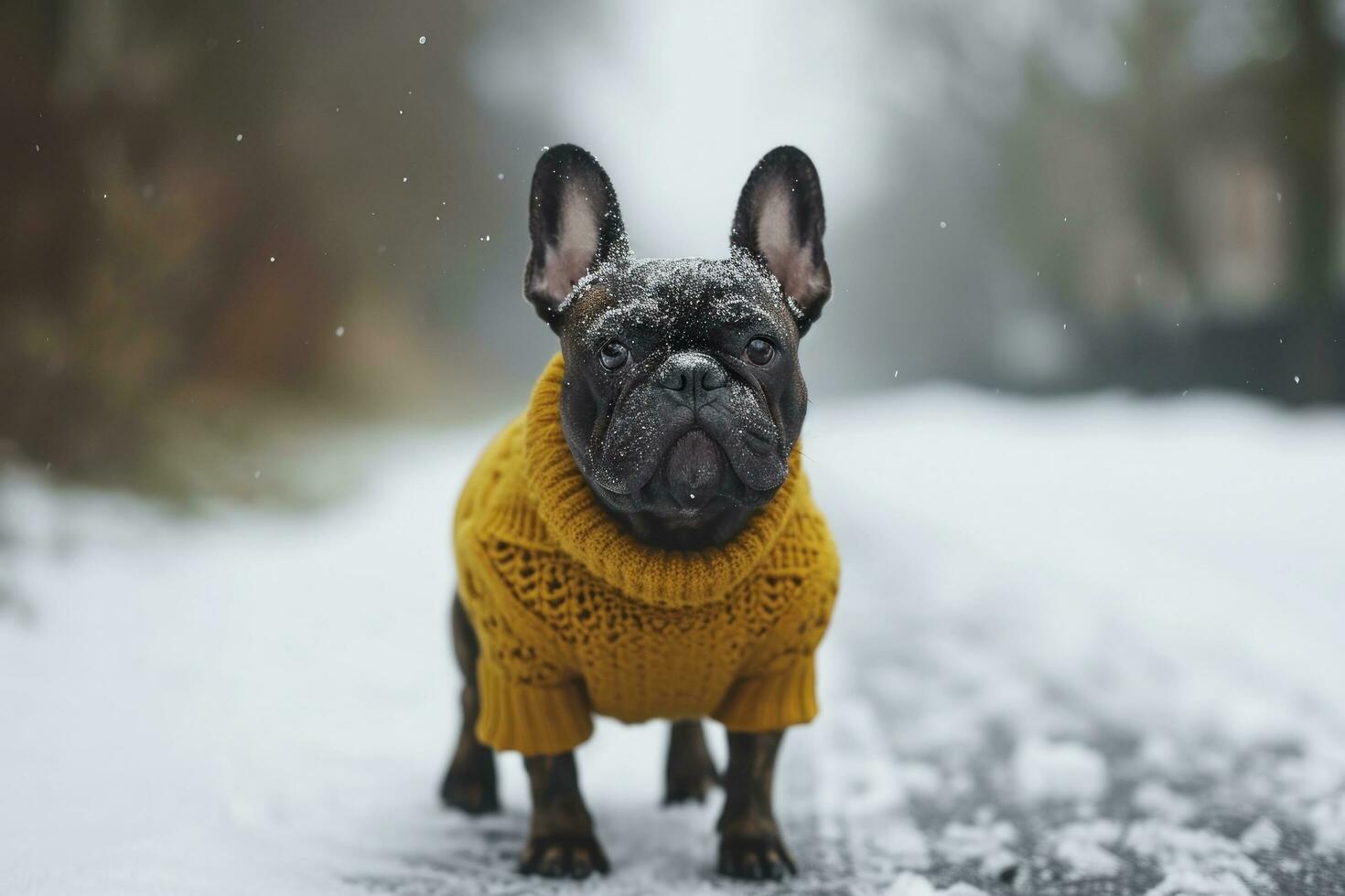 ai gegenereerd een Frans bulldog vervelend geel trui Aan besneeuwd weg foto