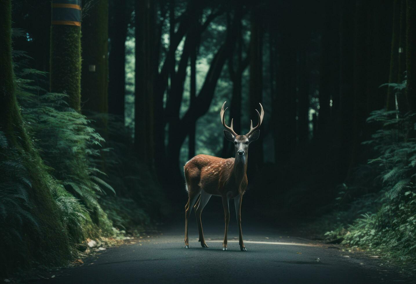 ai gegenereerd een mooi hert staat Aan de weg in de Woud foto