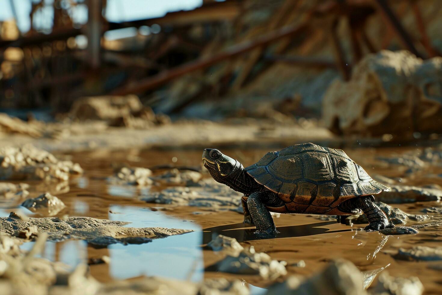 ai gegenereerd een schildpad is wandelen Aan zand in de modder foto