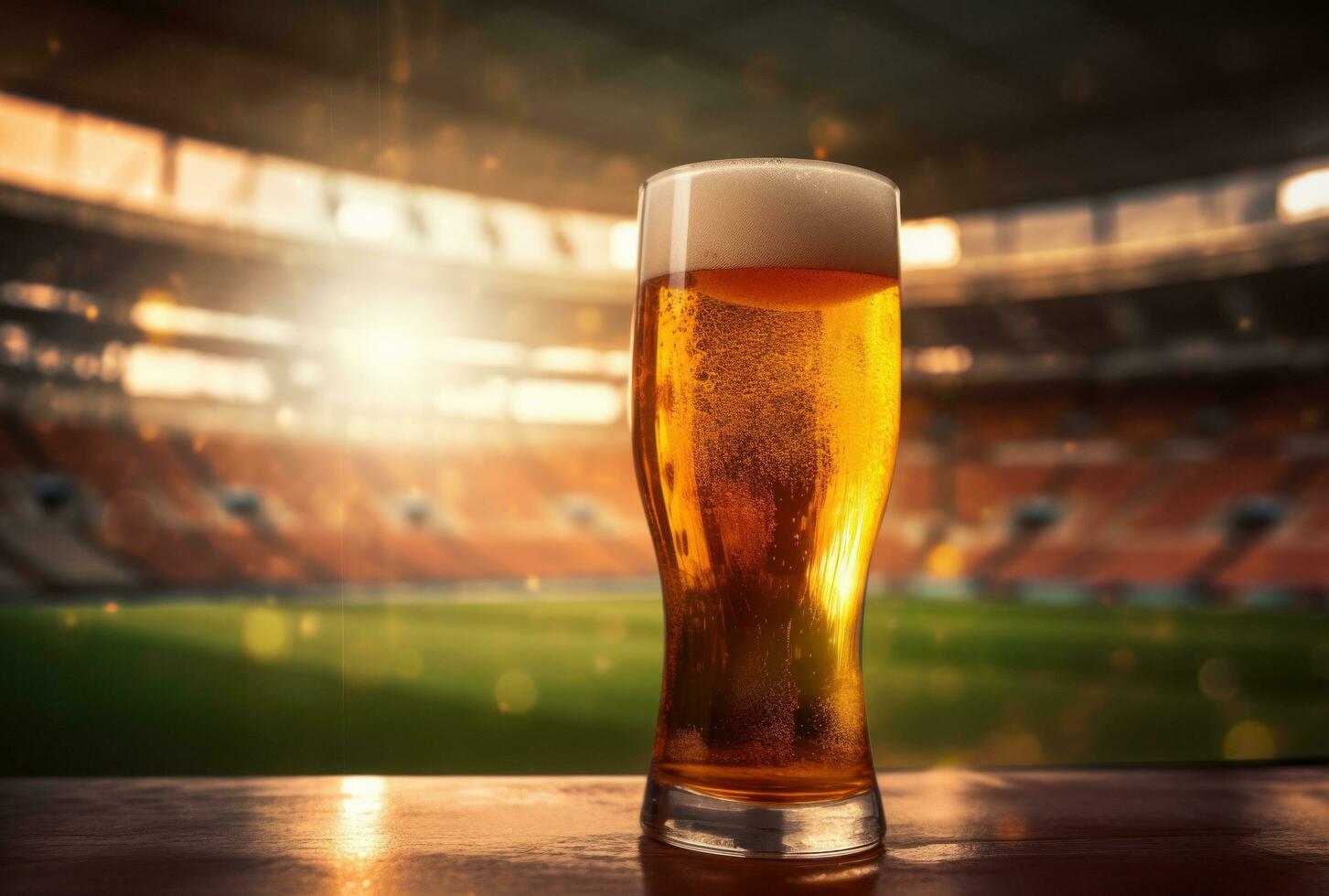 ai gegenereerd een leeg bier glas zittend Aan een voetbal veld- foto