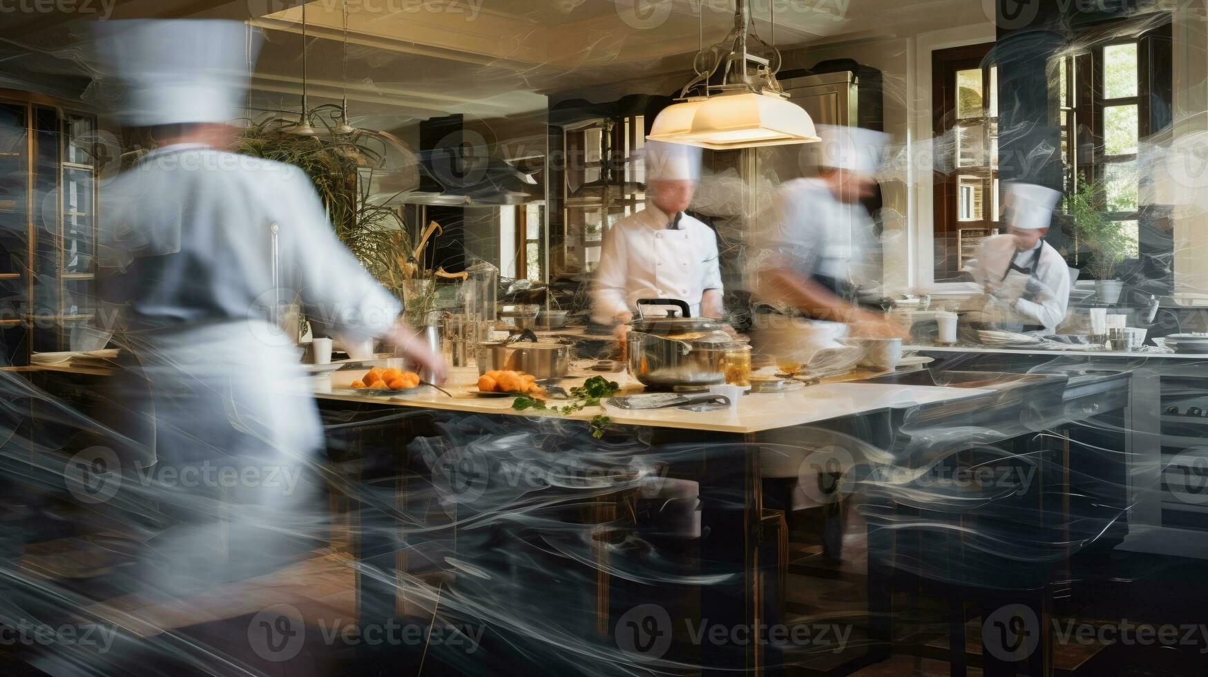 ai gegenereerd generatief ai, bezig koks werken Aan de restaurant keuken in beweging vervagen, snelheid foto