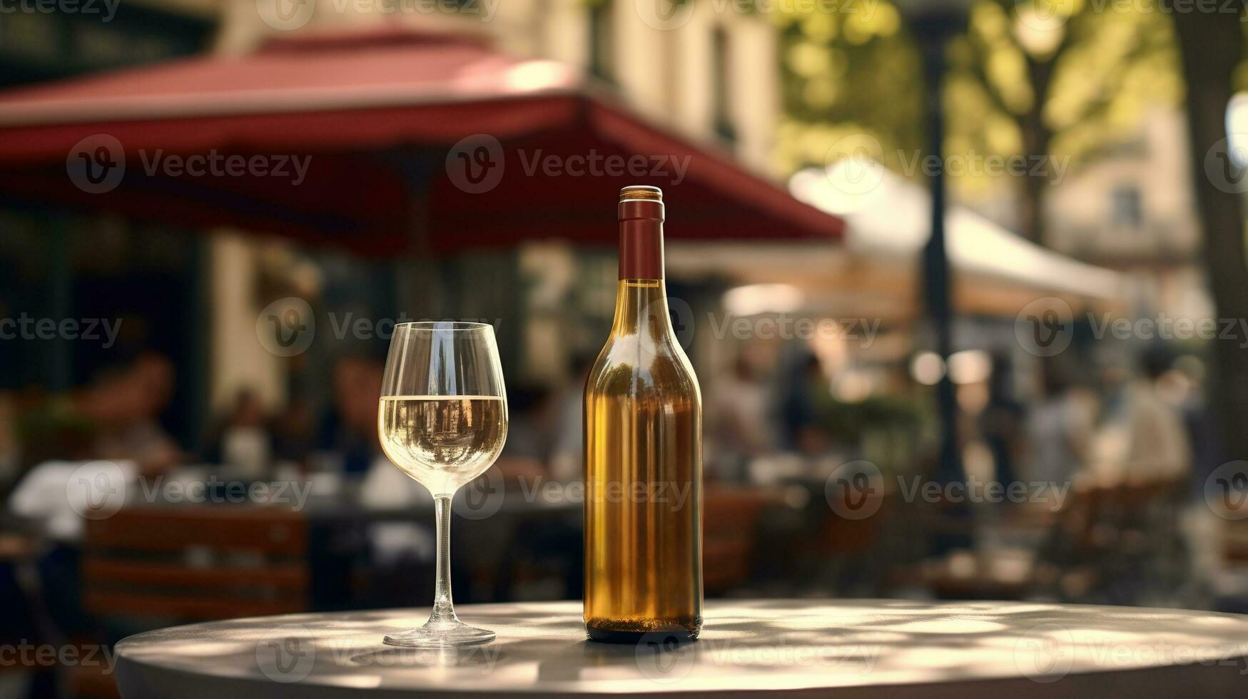 ai gegenereerd generatief ai, glas van wijn en fles Aan houten tafel met vervagen achtergrond met lichten van straat bar, cafe, koffie winkel of restaurant, wijn bespotten omhoog foto