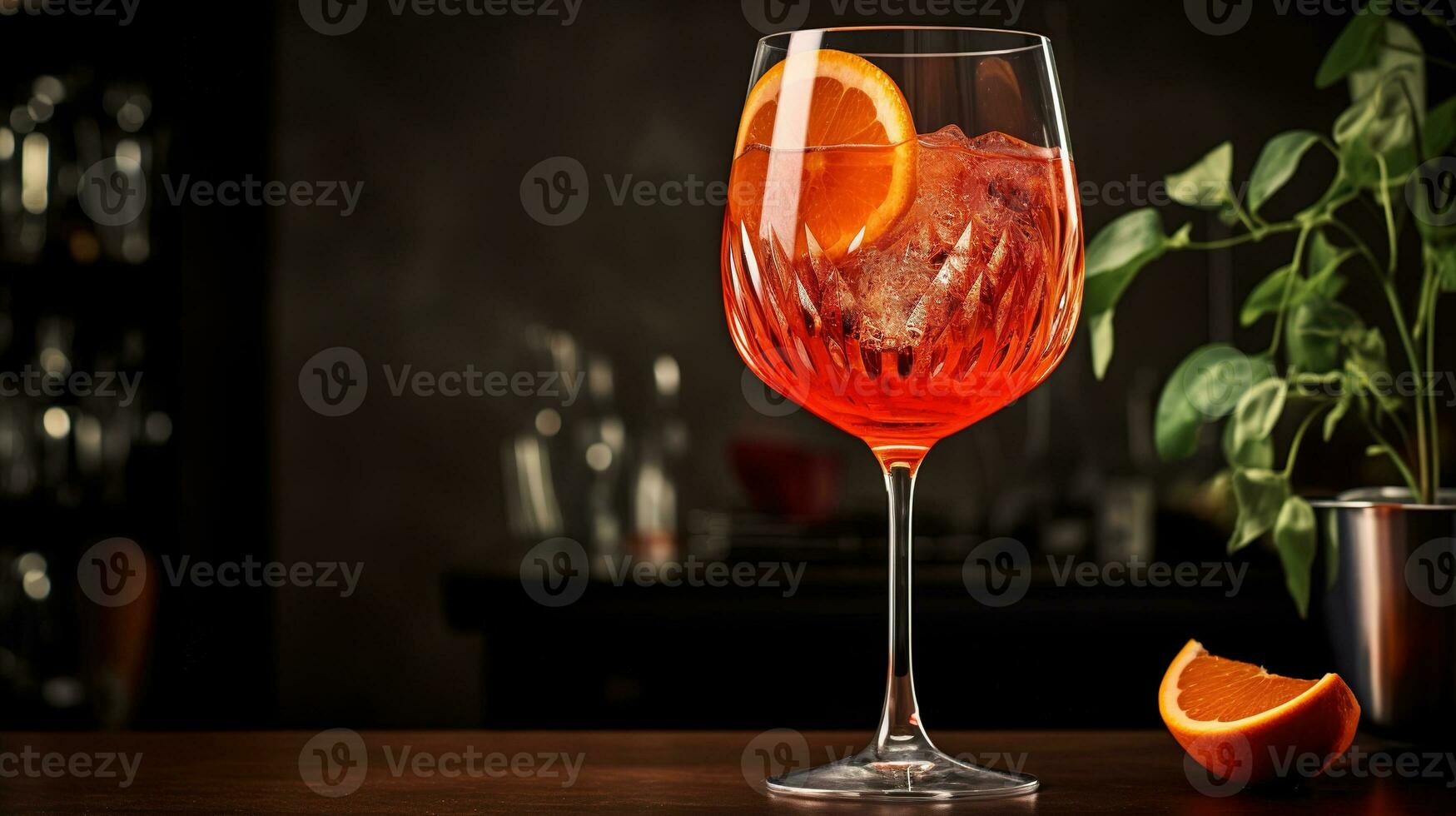 ai gegenereerd generatief ai, glas van aperol spritz cocktail Aan houten tafel met zon lichten en schaduwen, esthetisch nog steeds leven foto