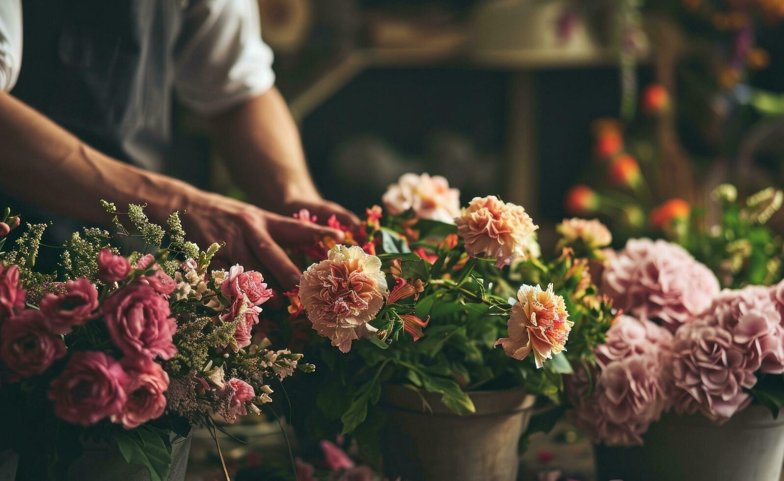 ai gegenereerd een Mens in een schort regelen van bloemen in containers foto