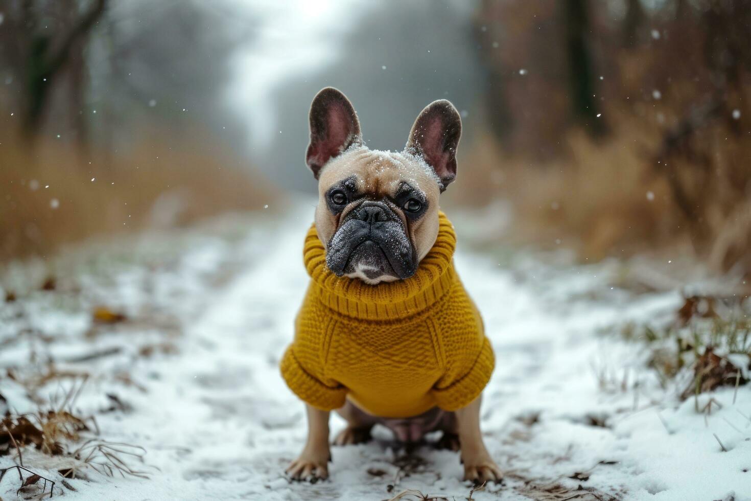 ai gegenereerd een Frans bulldog vervelend geel trui Aan besneeuwd weg foto