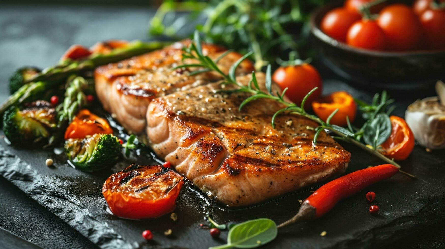 ai gegenereerd steak met groenten en gegrild Zalm Aan een donker tafel foto