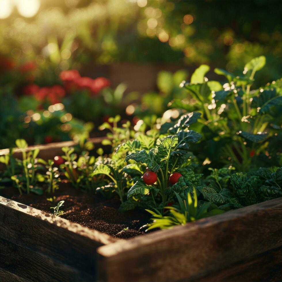 ai gegenereerd aanplant groenten in een verheven bed foto