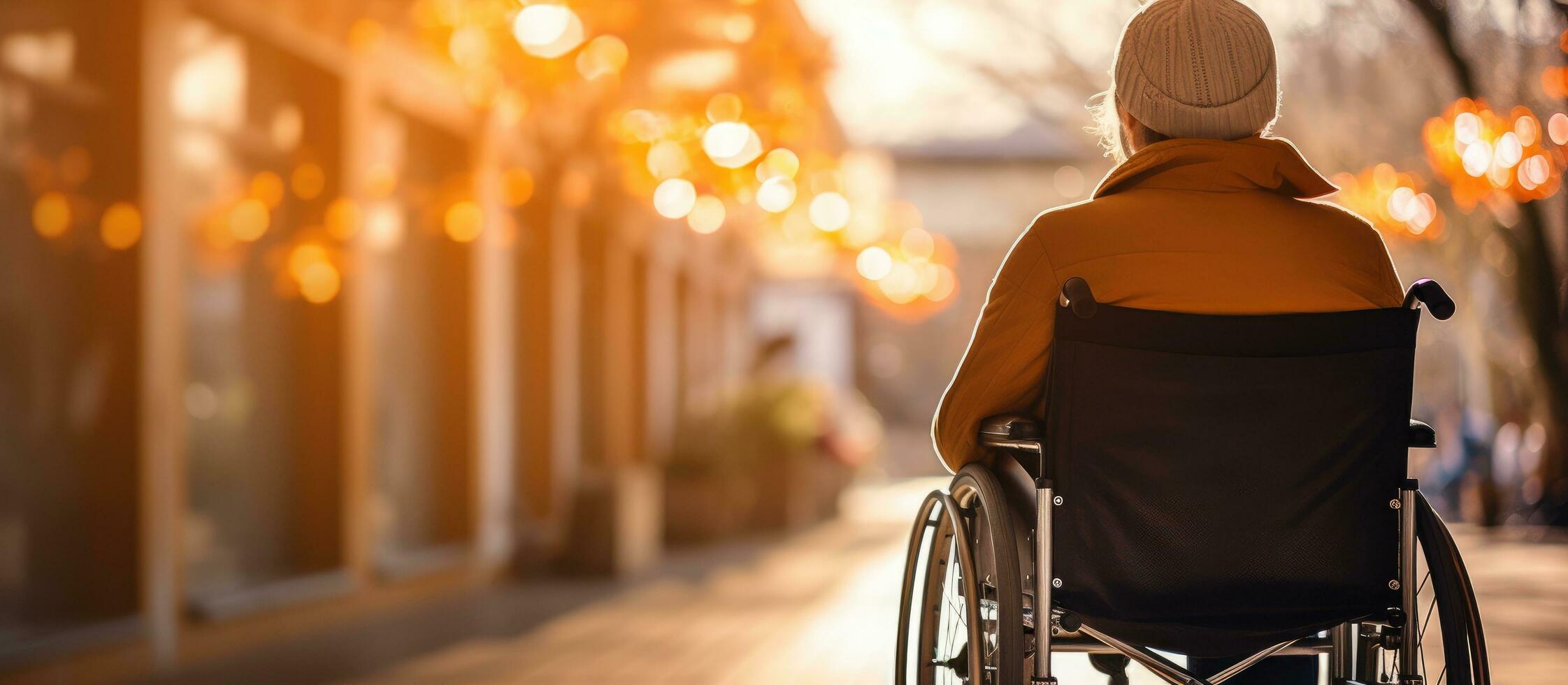 ai gegenereerd een persoon in een rolstoel wandelen door een ziekenhuis foto