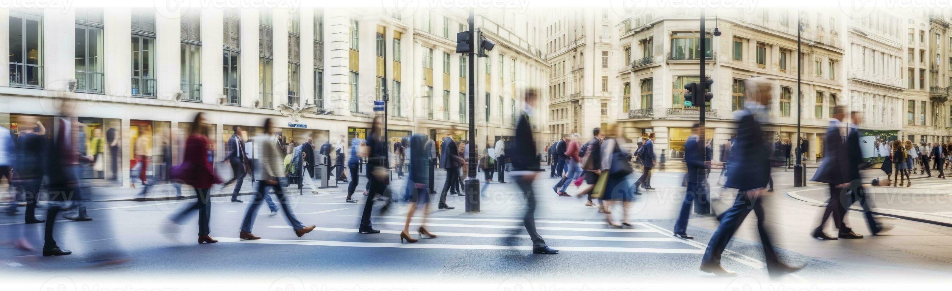 ai gegenereerd wandelen mensen vervagen. veel van mensen wandelen in de stad van Londen. breed panoramisch visie van mensen kruispunt de weg. ai gegenereerd foto