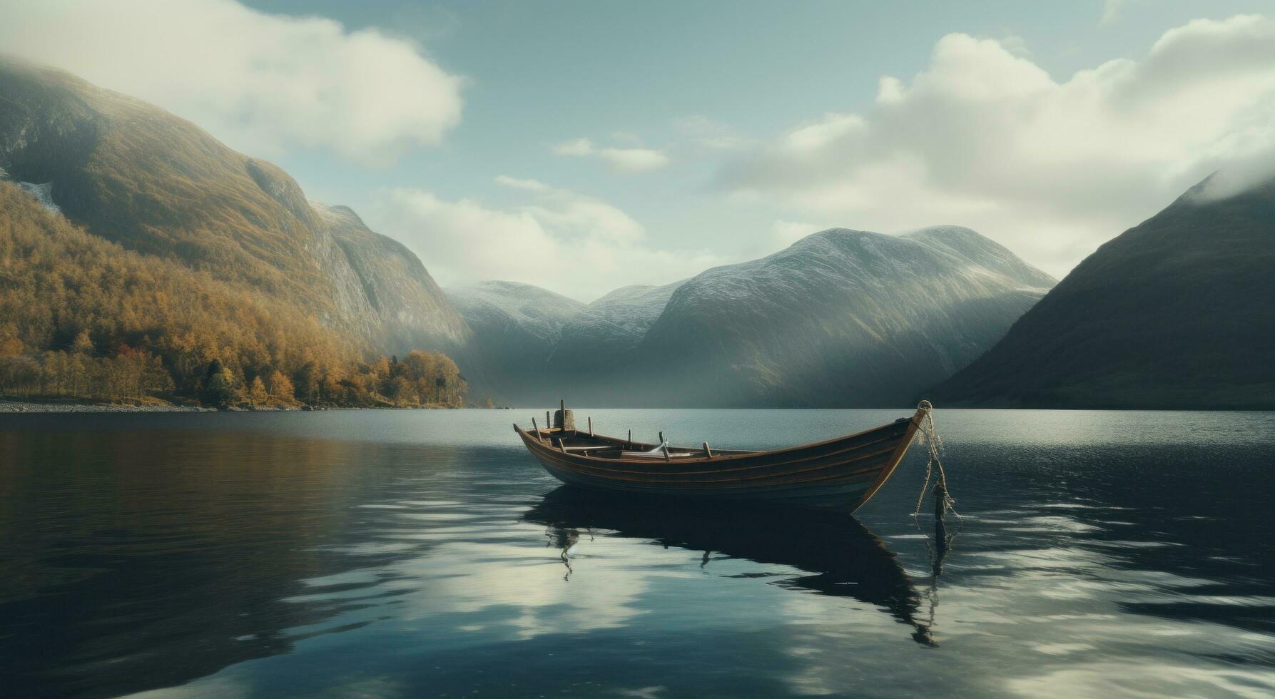 ai gegenereerd klein boot Aan de meer in voorkant van bergen foto