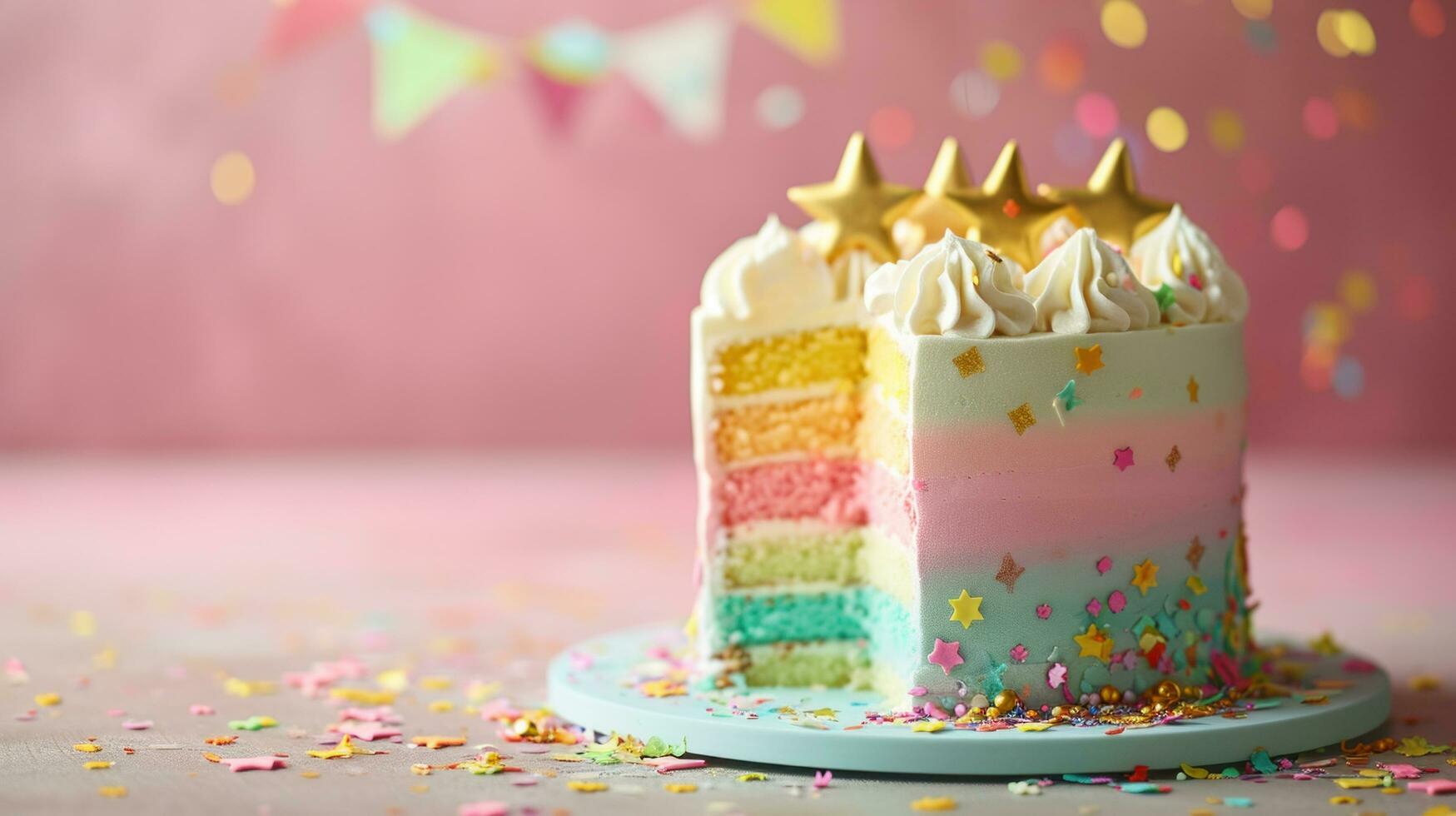 ai gegenereerd levendig pastel regenboog verjaardag taart met vlaggedoek en gouden ster foto