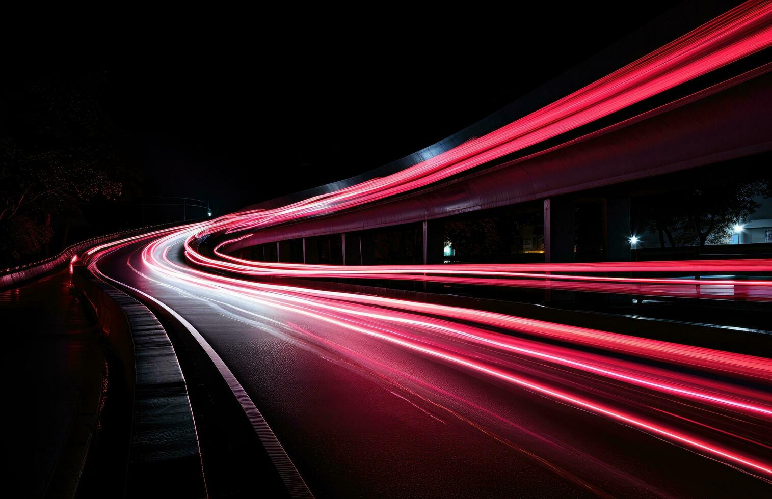 ai gegenereerd een lang blootstelling schot van auto's weggaan een rood licht spoor Aan de zwart snelweg foto