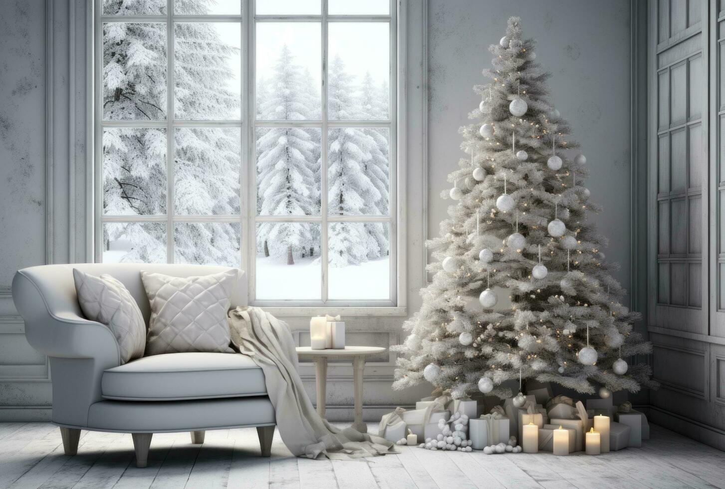 ai gegenereerd winter wit leven kamer met Kerstmis boom foto