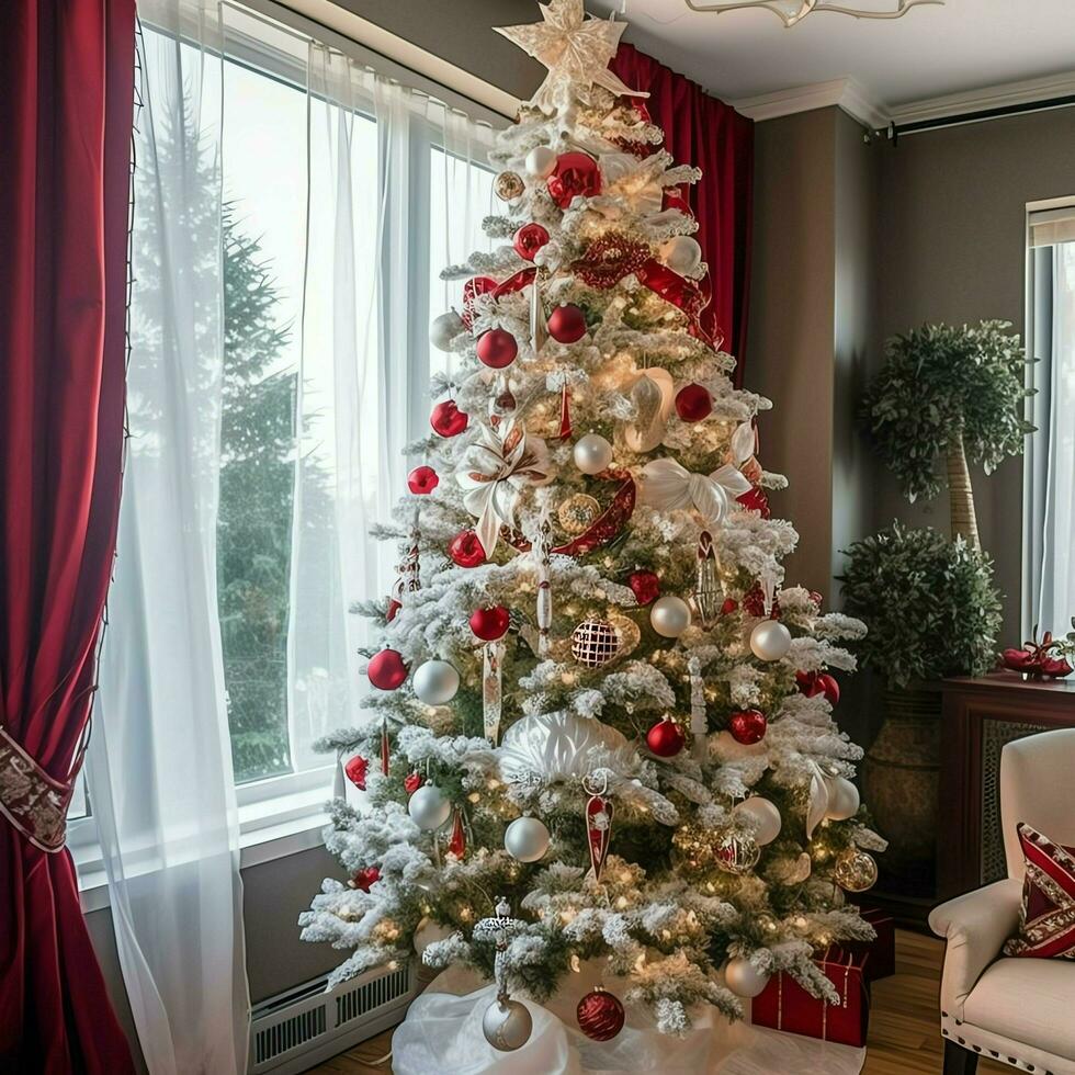 knus leven kamer met mooi Kerstmis boom en rood cadeaus in modern interieur. interieur van leven kamer versierd voor vrolijk Kerstmis met sokken, geschenk dozen en Kerstmis accessoires door ai gegenereerd foto