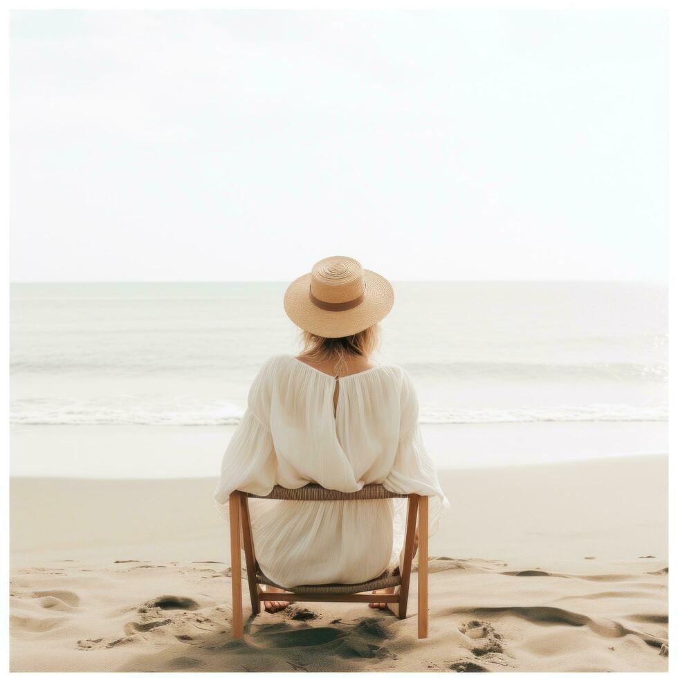 ai gegenereerd de terug van een vrouw zittend Aan de strand, foto