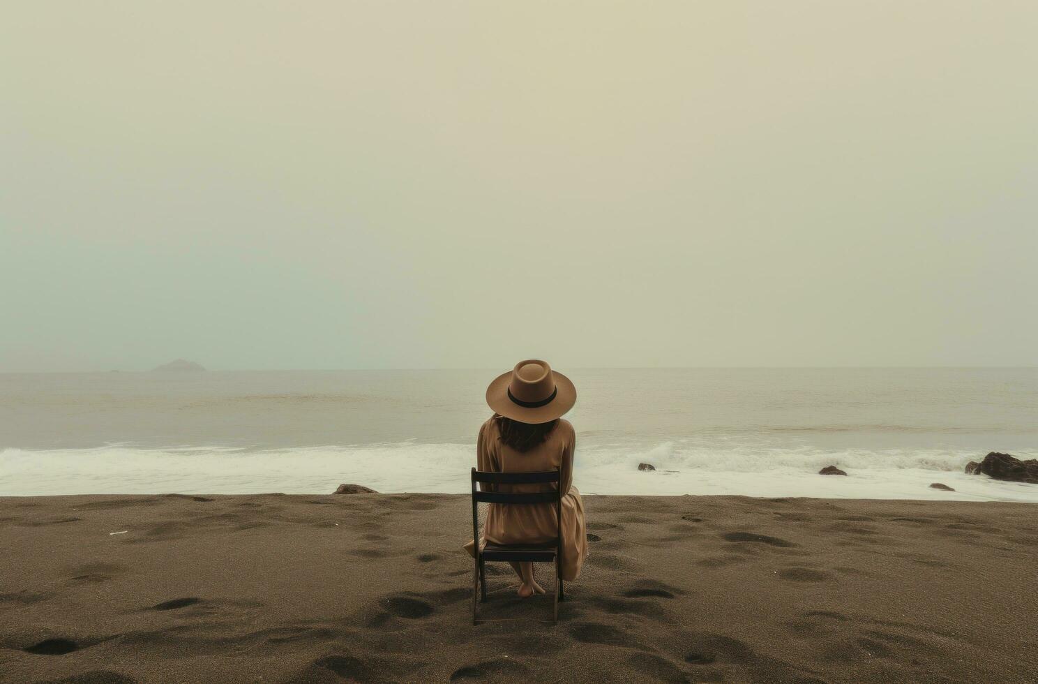 ai gegenereerd vrouw in hoed zittend Aan strand in voorkant van de zee foto