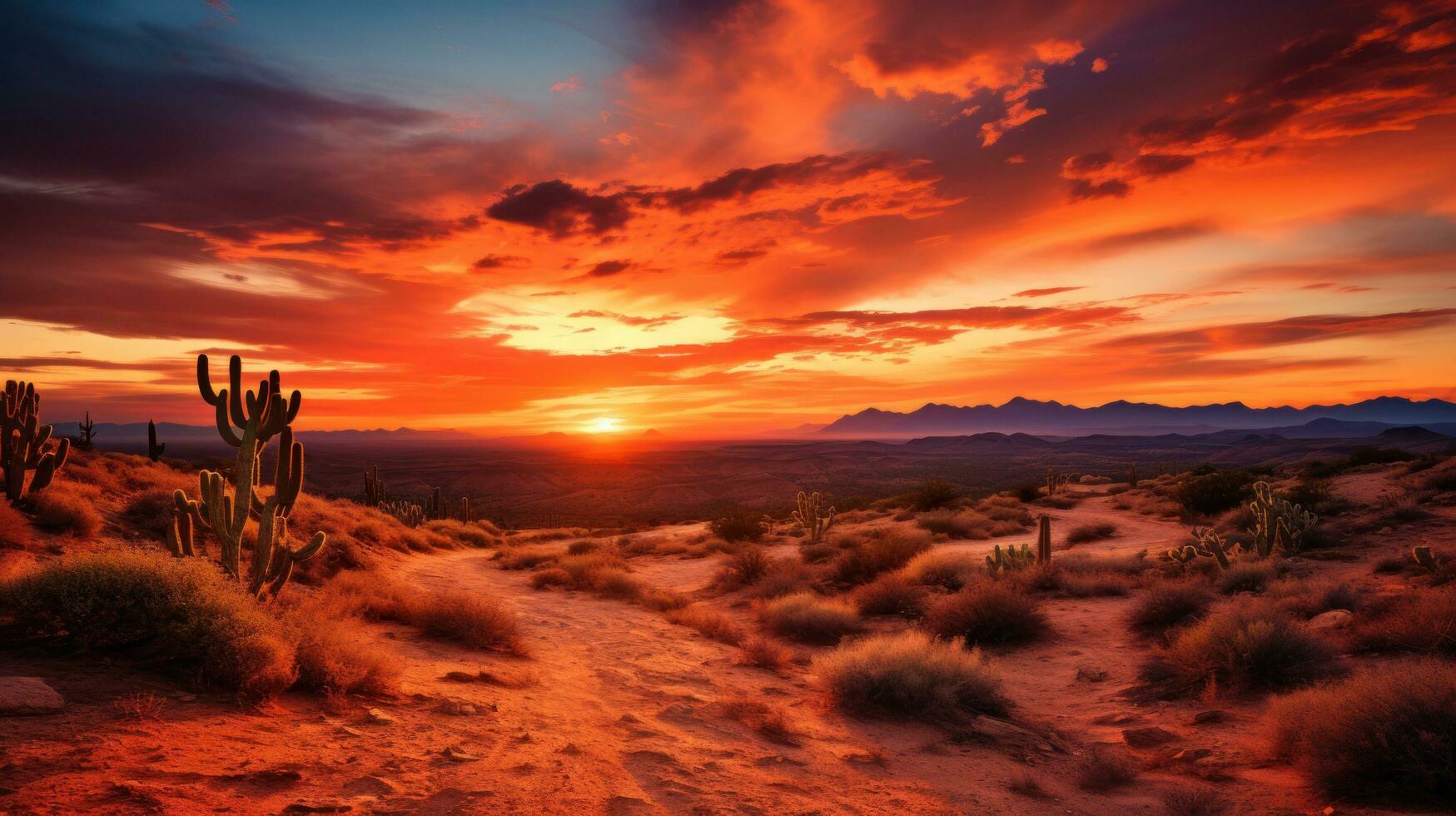 ai gegenereerd een vredig woestijn landschap met zand duinen, een levendig oranje zonsondergang, en een weinig cactussen in de voorgrond foto