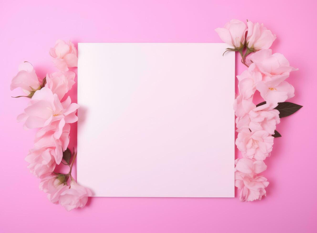 ai gegenereerd kader met roze bloemen en blanco vel Aan een roze achtergrond foto