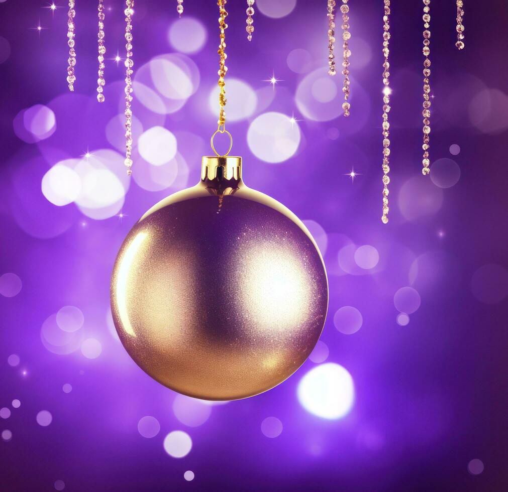 ai gegenereerd een gouden Kerstmis ornament Aan Purper achtergrond, foto