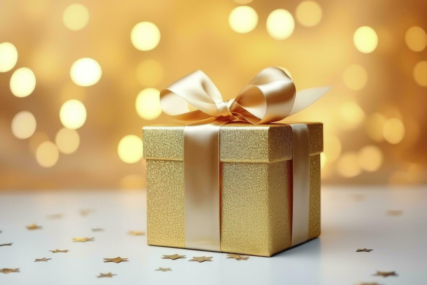 ai gegenereerd goud schitteren geschenk doos met lint tegen bokeh achtergrond foto