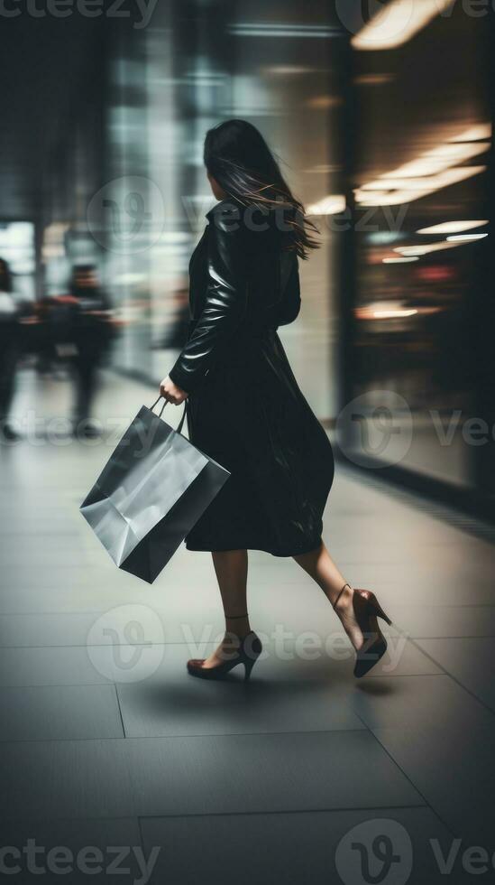 ai gegenereerd wazig beweging van vrouw wandelen en Holding zwart papier boodschappen doen zak foto