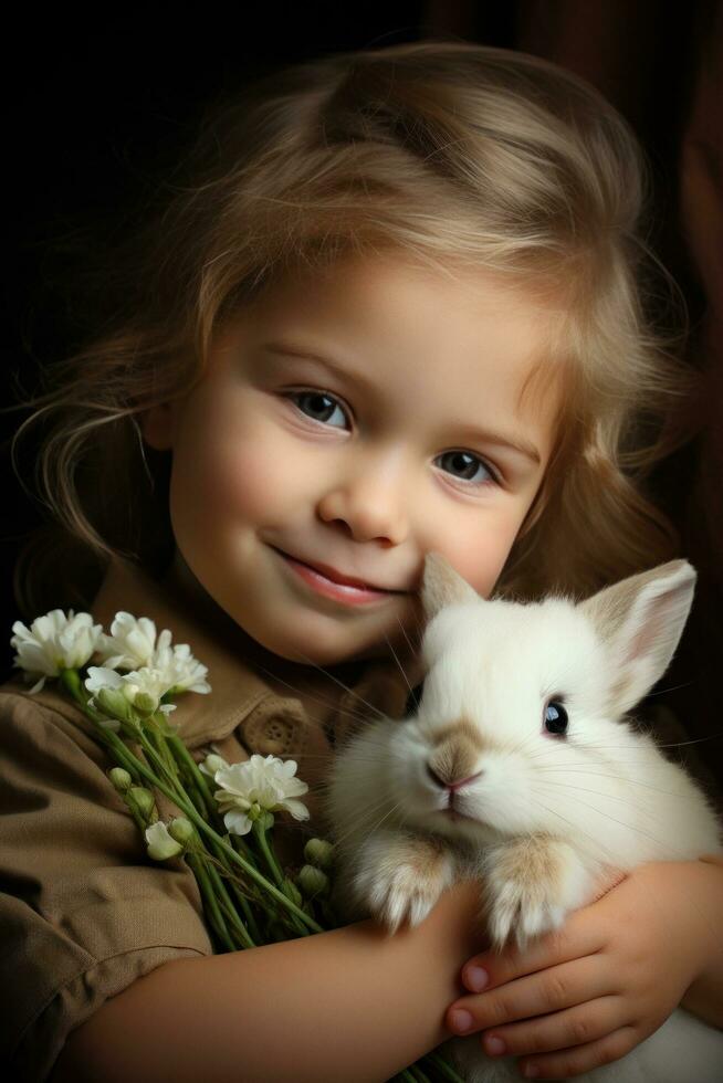 ai gegenereerd een zoet beeld van een kind Holding een baby konijn in hun ronde, de twee van hen nestelde zich omhoog samen foto