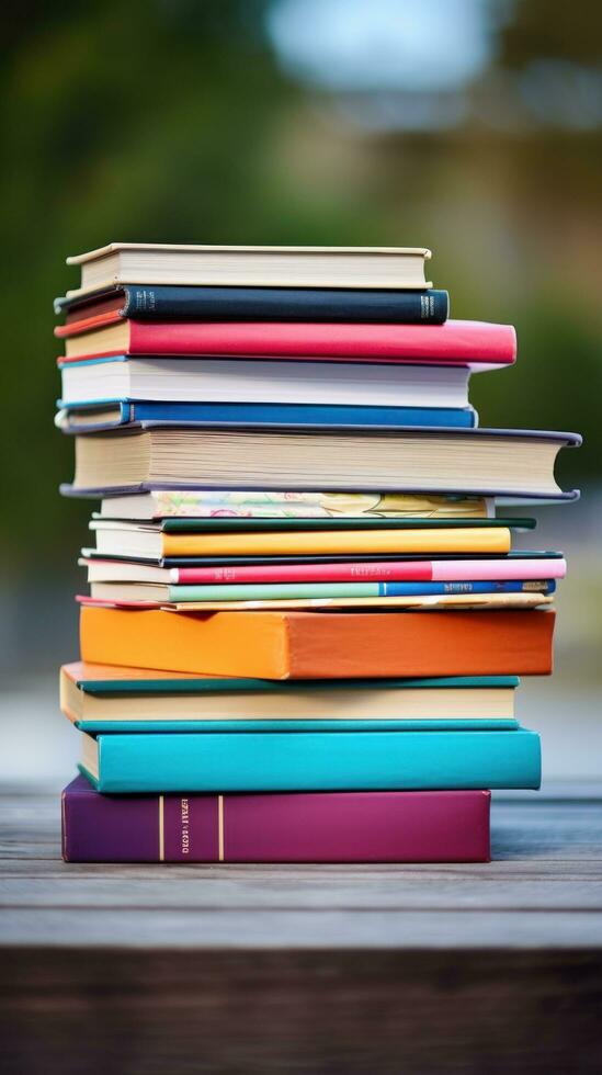 ai gegenereerd een stack van boeken met kleurrijk stekels, vertegenwoordigen een verscheidenheid van onderwerpen en academisch disciplines foto