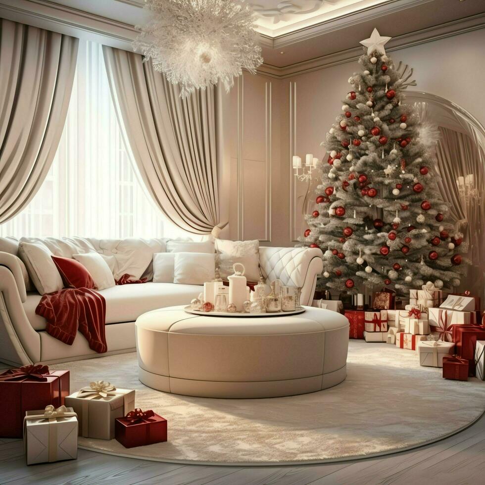 knus leven kamer met mooi Kerstmis boom en rood cadeaus in modern interieur. interieur van leven kamer versierd voor vrolijk Kerstmis met sokken, geschenk dozen en Kerstmis accessoires door ai gegenereerd foto