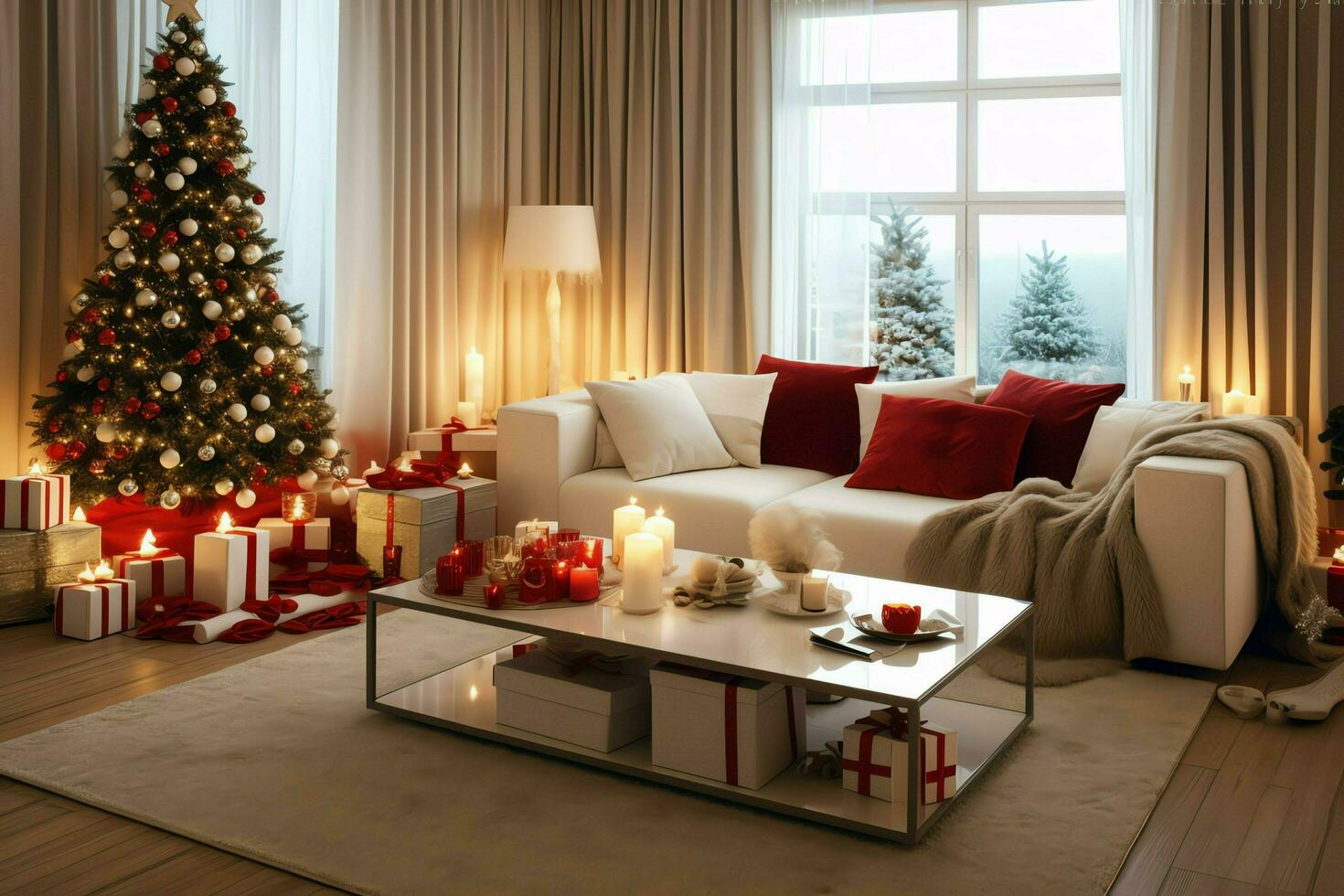 knus leven kamer met mooi Kerstmis boom en rood cadeaus in modern interieur. interieur van leven kamer versierd voor vrolijk Kerstmis met sokken, geschenk dozen en Kerstmis accessoires door ai gegenereerd foto