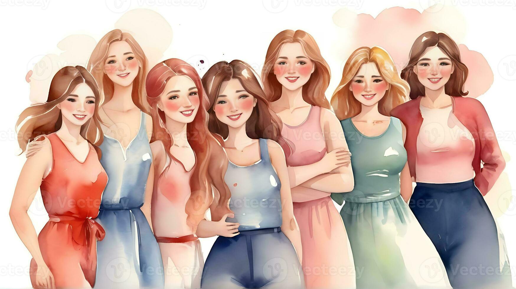 ai gegenereerd gelukkig Dames groep voor Internationale vrouwen dag , waterverf stijl illustratie gelukkig Dames dag foto