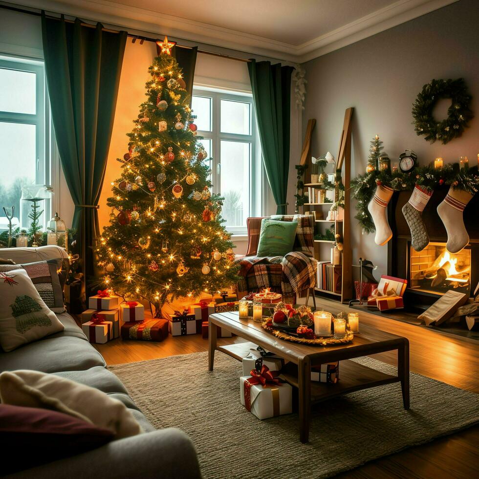 knus leven kamer met mooi Kerstmis boom en rood cadeaus in modern interieur. interieur van leven kamer versierd voor vrolijk Kerstmis met sokken, geschenk dozen en Kerstmis accessoires door ai gegenereerd foto