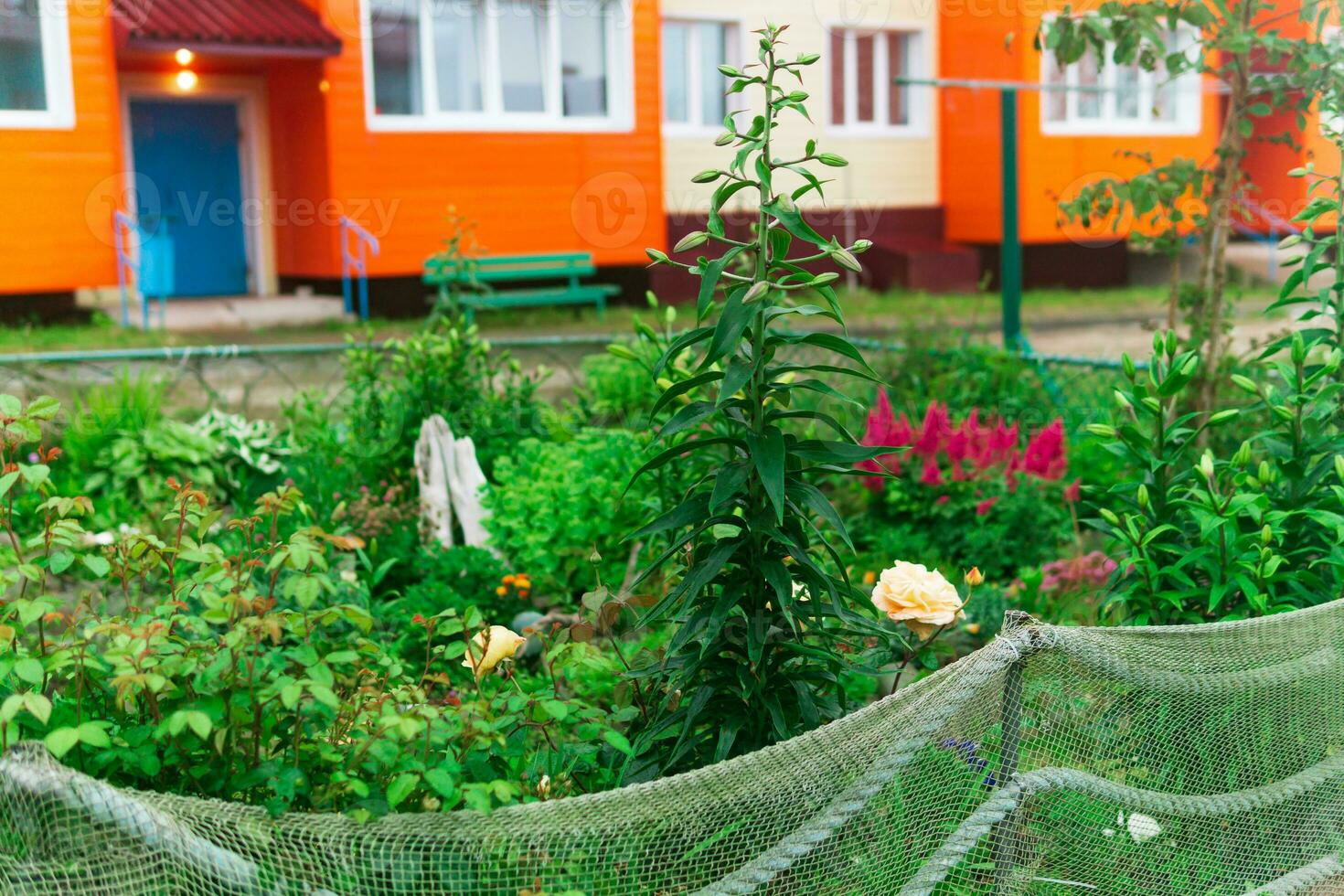 landschap ontwerp in een kust dorp, een bloem bed is omheind met een oud visvangst netto foto