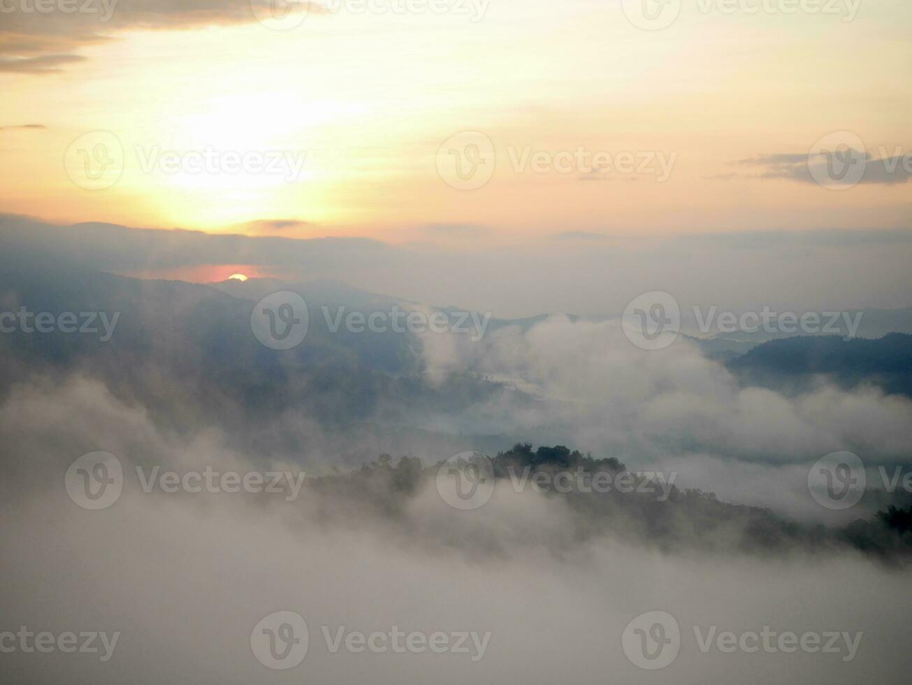 de de nevel stromen door de berg Woud, zon schijnend in tropisch Woud, de nevel drijft door berg ruggen in de ochtend, langzaam drijvend mist blazen Hoes Aan de top van berg foto