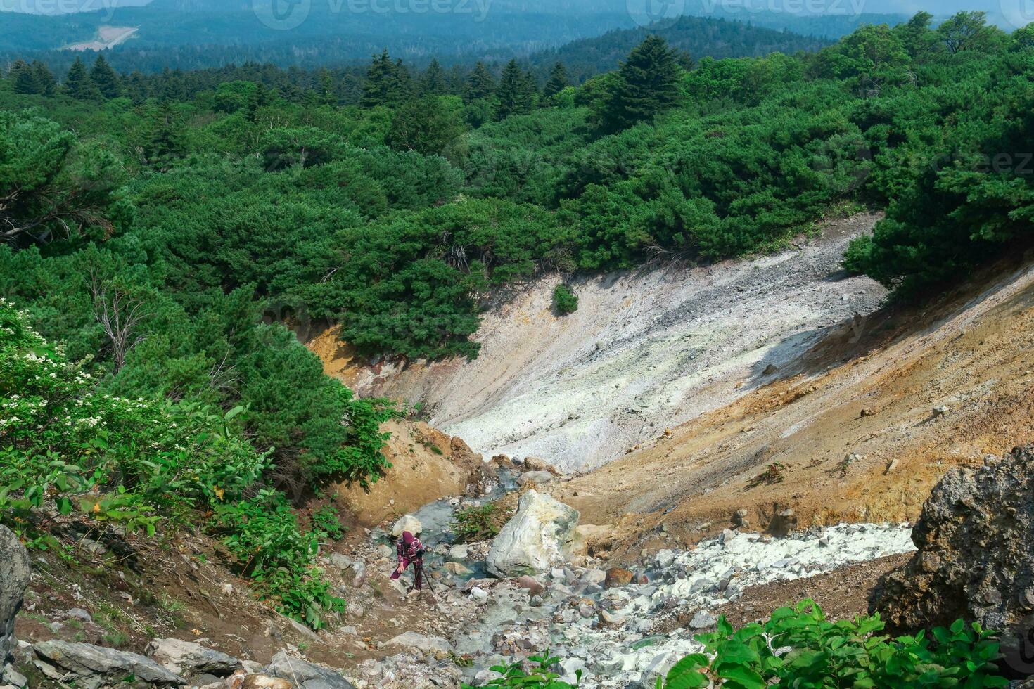 toerist foto's een geothermisch gemineraliseerd stroom Aan de helling van de mendeleev vulkaan, kunashir eiland foto