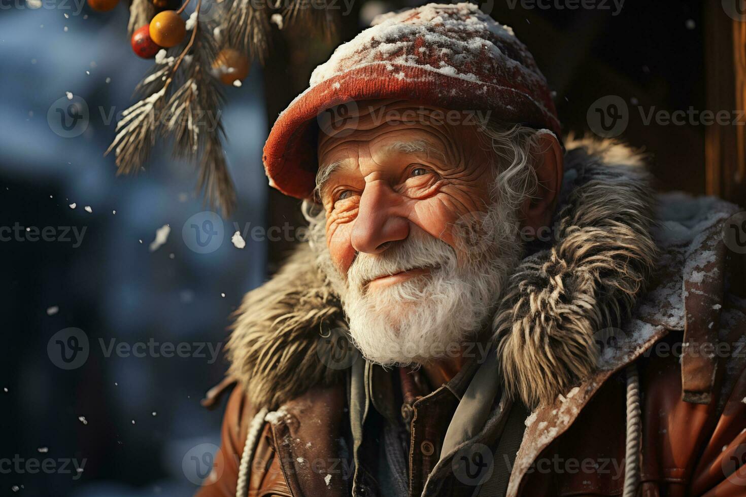 ai gegenereerd portret van een dorp oud Mens tegen de backdrop van een besneeuwd natuurlijk landschap foto