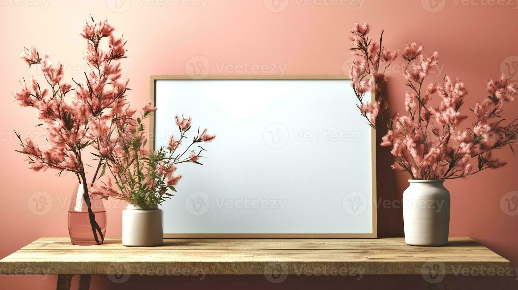 ai gegenereerd Aan een houten tafel Daar is een wit kader met een leeg ruimte voor tekst, Aan de zijden Daar zijn vazen met roze bloemen foto