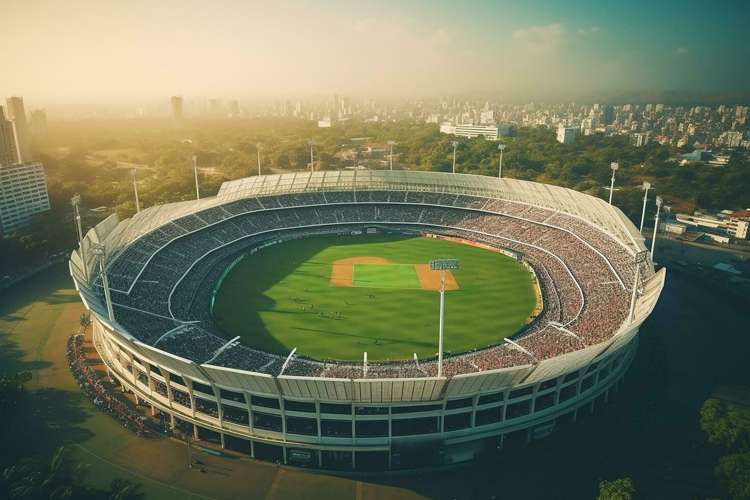 ai gegenereerd antenne vaststelling schot van een geheel stadion met voetbal kampioenschap wedstrijd. teams Speel, menigte van fans juichen. sport- concept. foto