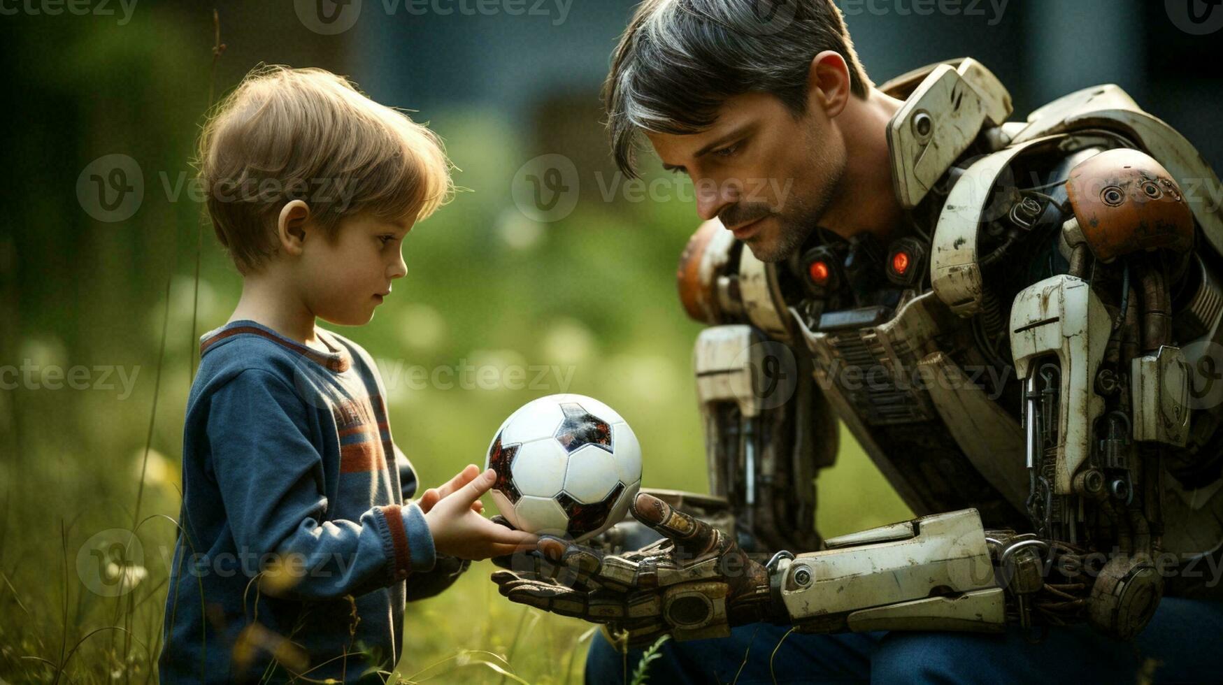 ai gegenereerd weinig jongen in blauw trui geven bal naar papa robot, selectief focus foto