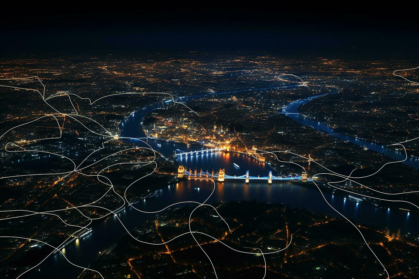 ai gegenereerd verlichte haven stad- Bij nacht. antenne visie Aan rivier- donker lucht. levendig nacht leven. foto